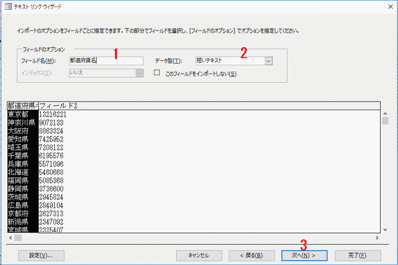 フィールド名とデータ型を設定