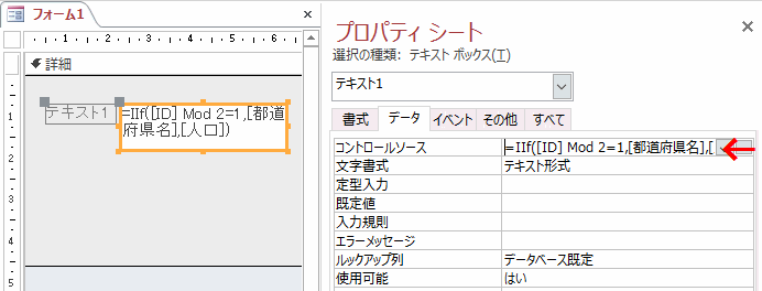 コントロールソースにIIF関数を使った式を入力する