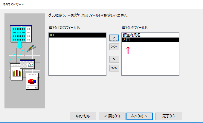 「都道府県名」と「人口」フィールドを［＞］ボタンで右表に移動