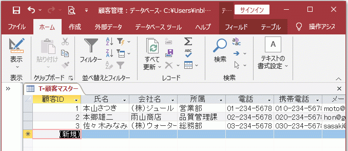 作成したテーブルのデータ入力画面