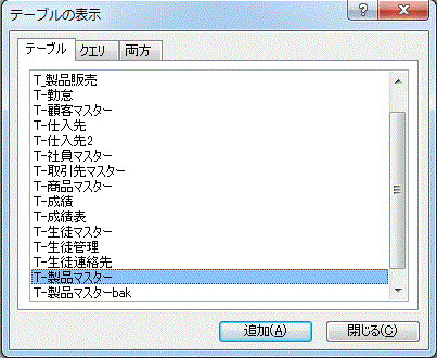 テーブルの表示ダイアログボックス